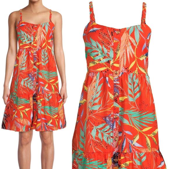 Orange Print Dress Beach Lunch Lounge Cotton Linen Rayon XL - Picture 2 of 8